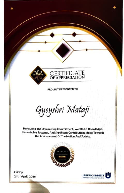 Certificate of Appreciation — Gyeyshri Mataji