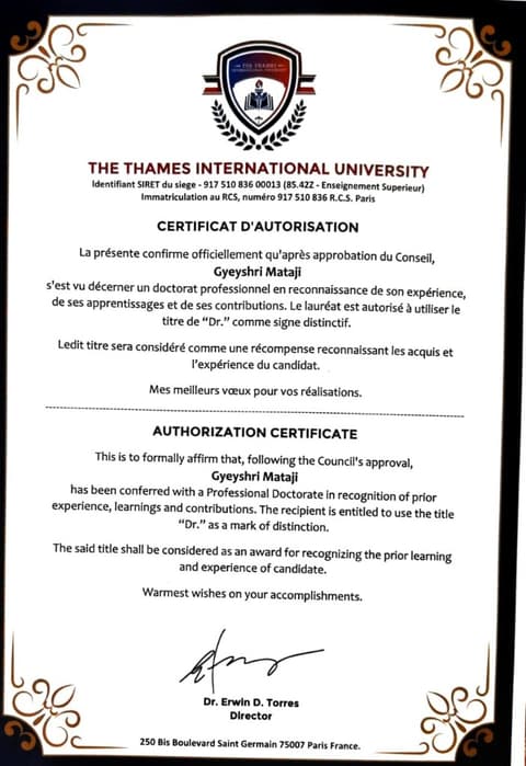 The Thames International University — Authorization Certificate (French & English)